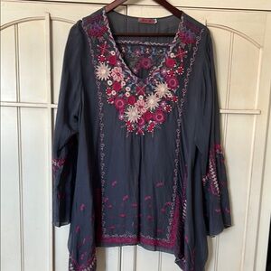 Johnny Was Blue Embellished 3/4 Sleeve Tunic